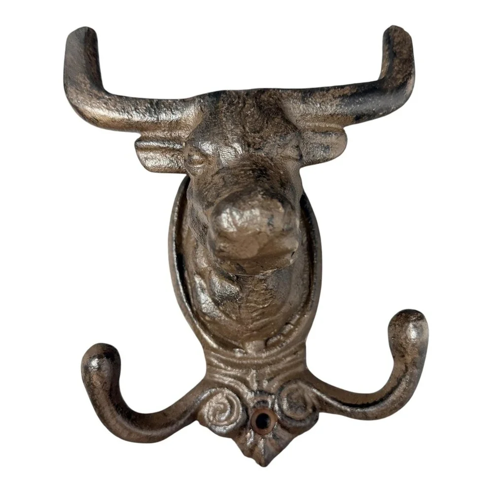 Cast Iron Bull Double Wall Hook Western Ranch Farmhouse Decor